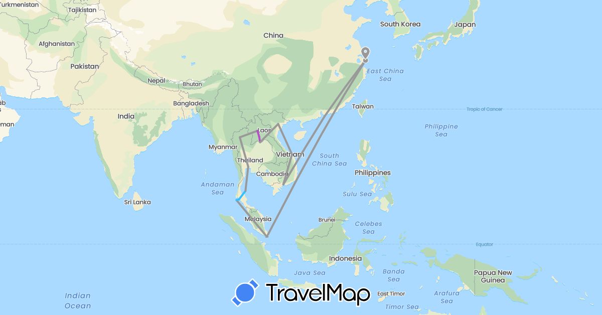 TravelMap itinerary: driving, plane, train, boat in China, Laos, Singapore, Thailand, Vietnam (Asia)